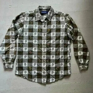 Donnkenny Green & White Checkered Button Up Long Sleeve With Embroidering Size M